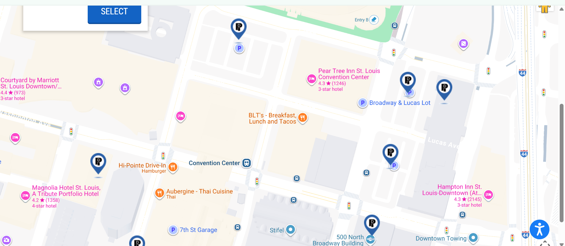 screenshot of parking lots near 555 Wahsington Ave, St. Louis, MO for STLFusion