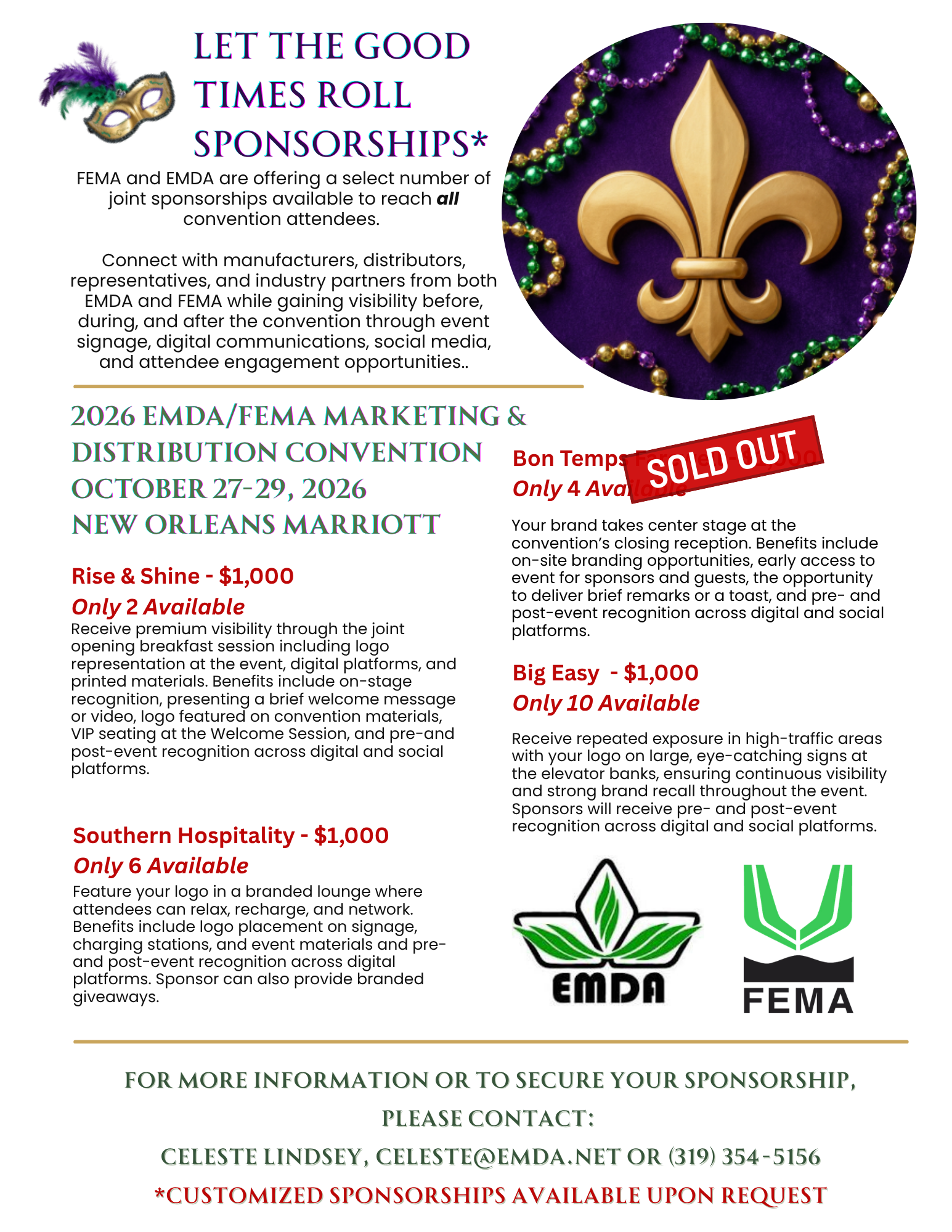 A promotional flyer for the 2026 EMDA/FEMA Marketing & Distribution Convention taking place from October 27-29, 2026, at the New Orleans Marriott. The flyer highlights sponsorship opportunities, including different tiers with limits, and features a Mardi Gras-themed image with beads and a fleur-de-lis symbol. The flyer emphasizes sponsorship benefits, contact information, and notes that certain sponsorships are sold out or limited.