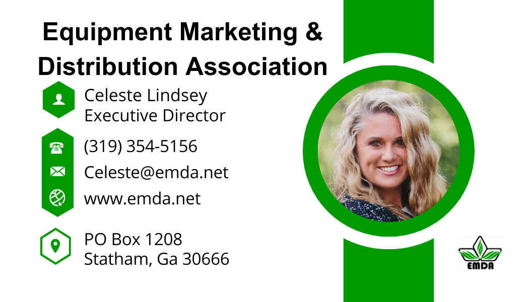 Business card for Equipment Marketing & Distribution Association, featuring a portrait of a woman, contact info, and EMDA logo in green and black.