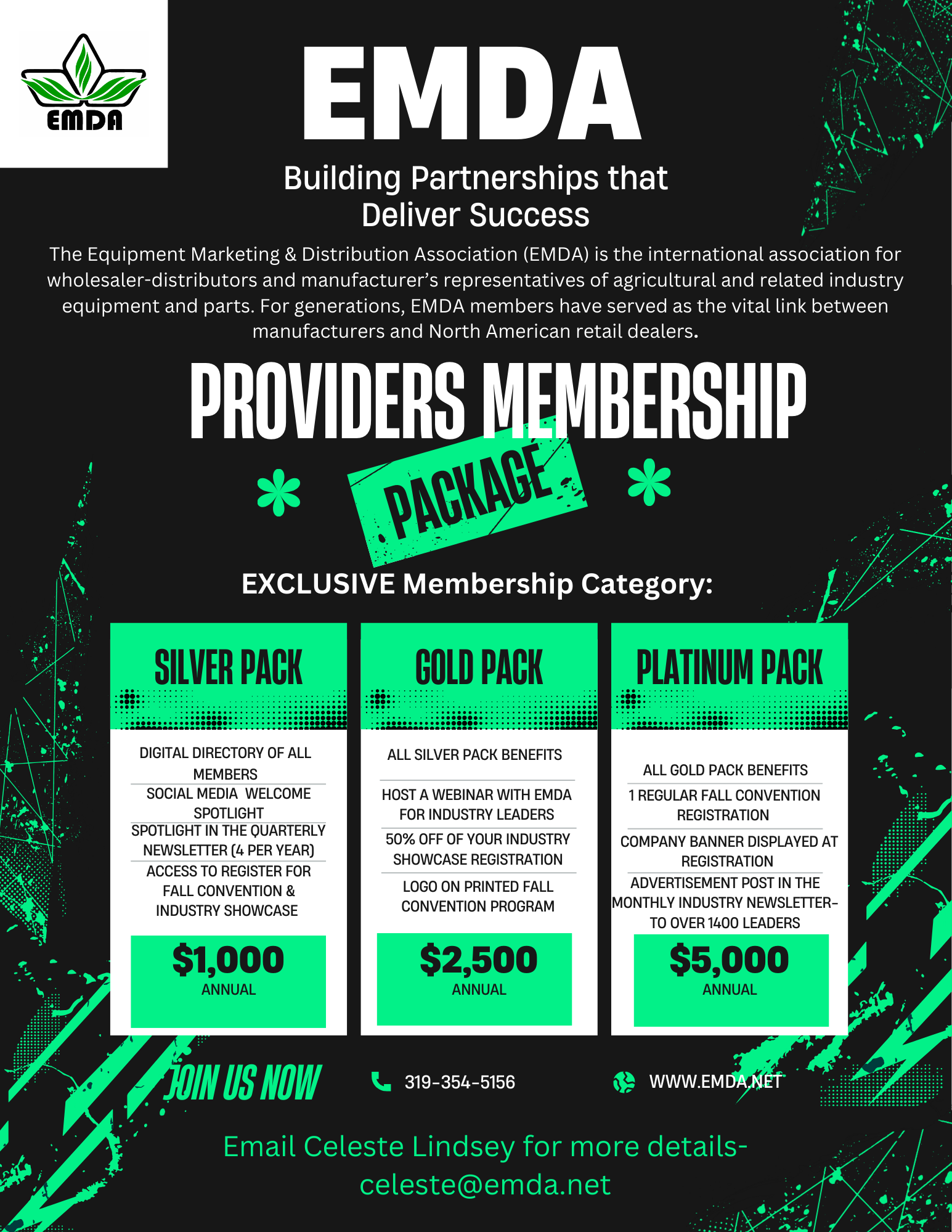 An advertisement for EMDA membership packages, featuring their logo at the top left, with the headline 'EMDA Building Partnerships that Deliver Success.' The ad details exclusive provider membership categories: Silver Pack, Gold Pack, and Platinum Pack, with their benefits and annual prices listed. Contact information and website are included at the bottom.
