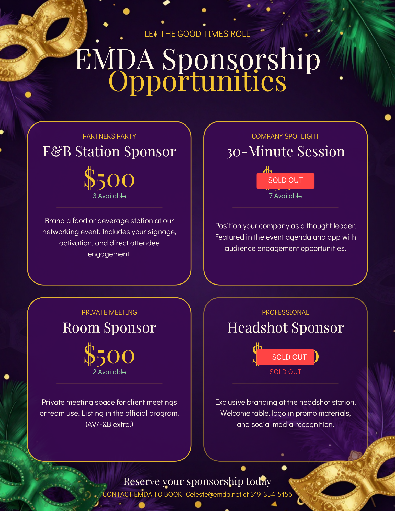 Promotional flyer for a networking event featuring sponsorship opportunities, highlighting options for partnership at $500, a booked headshot station that is sold out, and a private room sponsor also at $500. The flyer has festive elements with masks and colorful decorations.