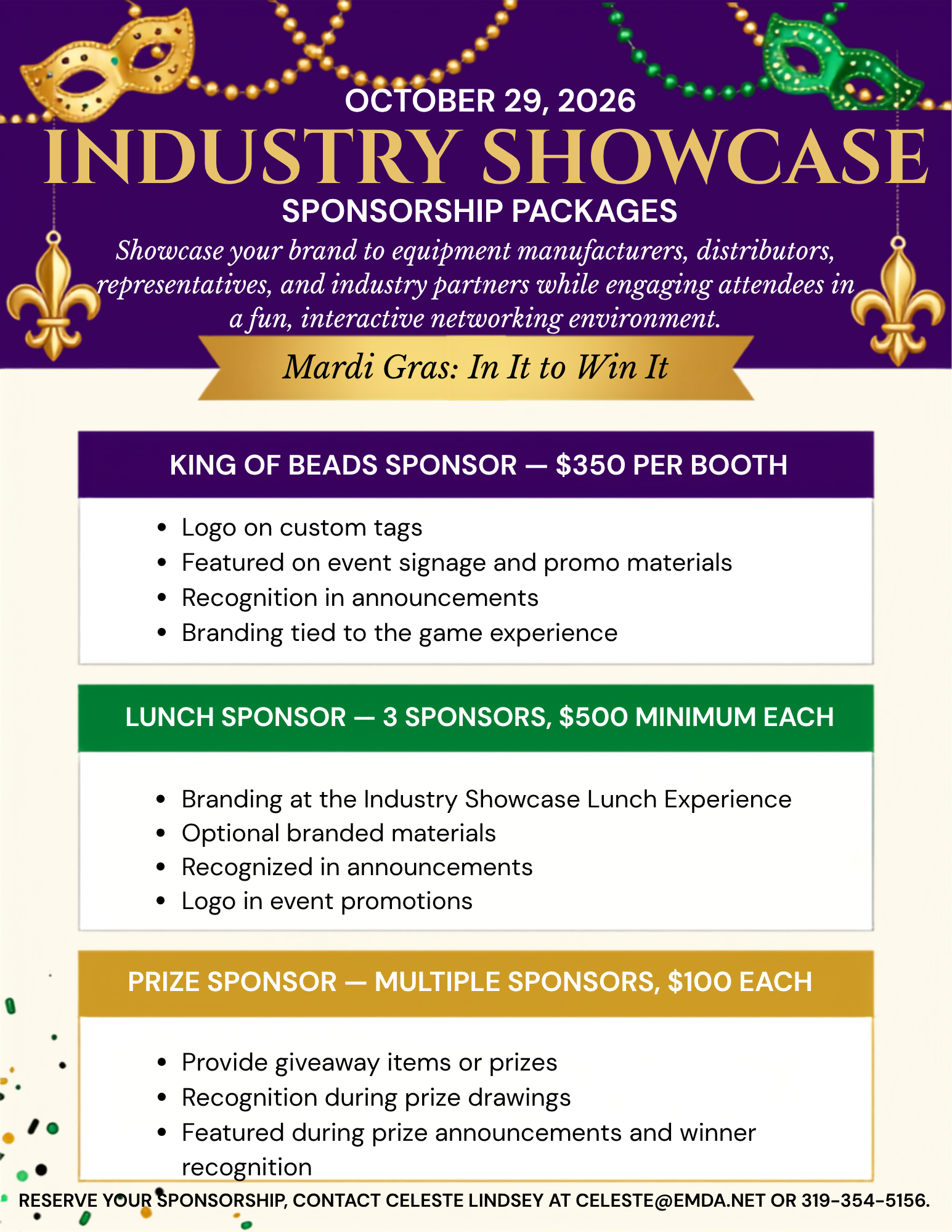 Event flyer for an industry showcase and sponsorship opportunities, featuring Mardi Gras theme with masks and beads, scheduled for October 29, 2026. Details on sponsorship packages for booth, lunch, prizes, and recognition.
