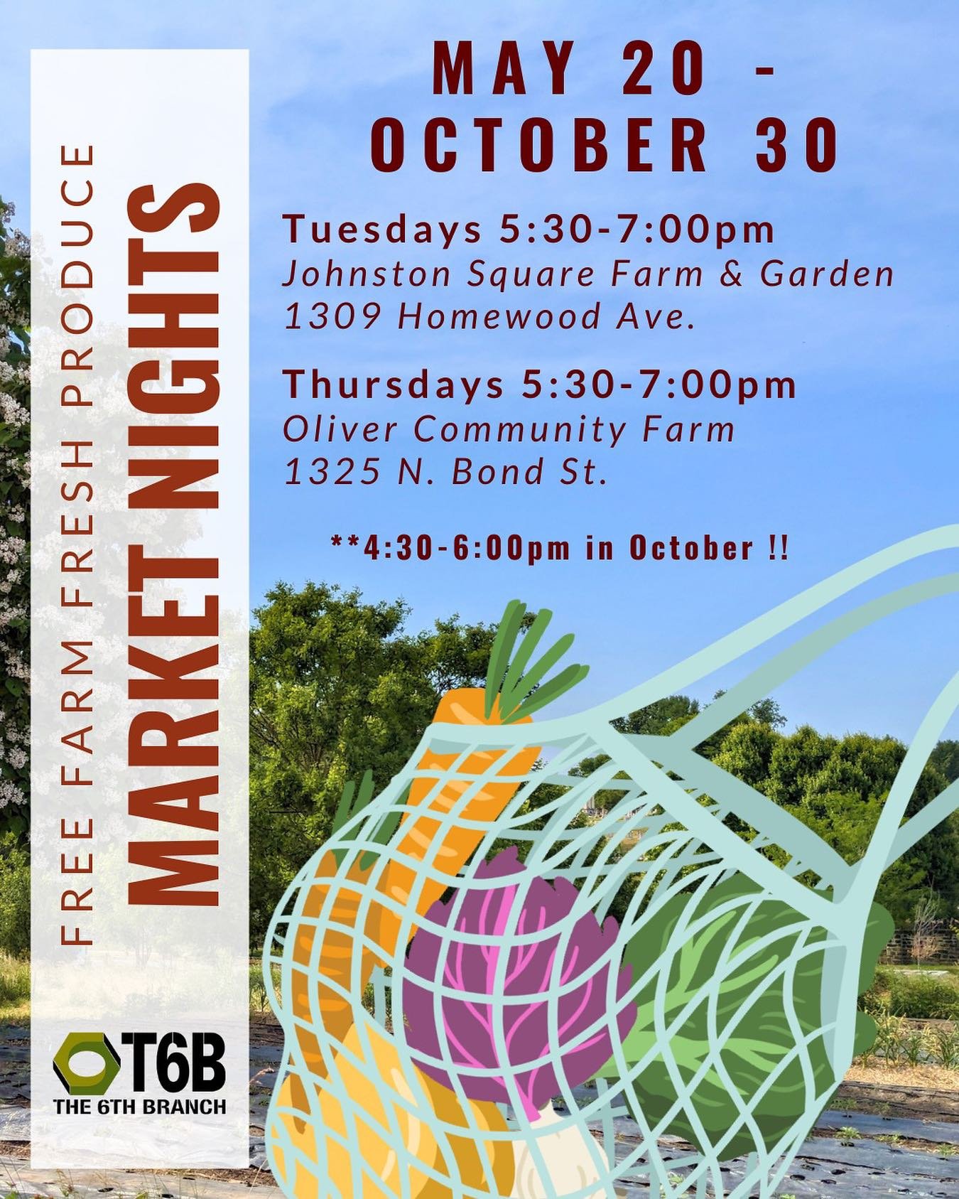 MARKET NIGHT DATES 🤩
We are so excited to have our weekly market nights back so soon! Every week at Johnston Square Community Farm & Garden and Oliver Community Farm, we give out the produce harvested from urban, community farms for free! 🧑&zw