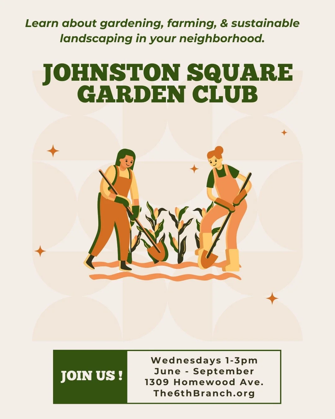 Join us every Wednesday!!
Volunteers, we need you! Come join us every Wednesday from 1-3pm at the Johnston Square Farm & Garden (1309 Homewood Ave).
TO SIGN UP: Please email volunteer@the6thbranch.org
#volunteerpower #communitygrown #communi