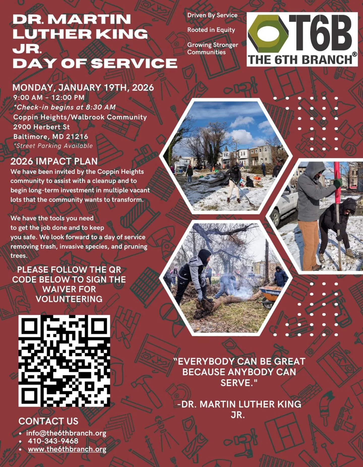 MARK YOUR CALENDARS!

🌱On Monday, January 19th, from 9:00-12:00 pm, join us for our annual MLK Day of Service! We will work with the Coppin Heights community to cleanup the area in preparation for a long-term investment.

👉Scan the QR to sign the w