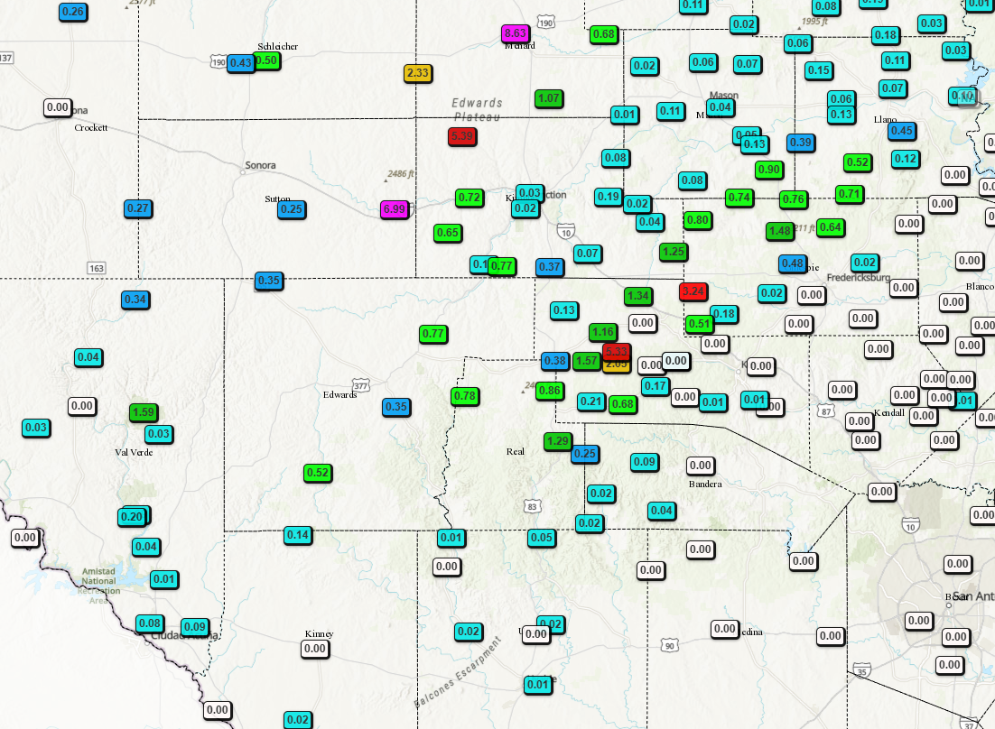 Some hefty rain totals in the western Hill Country…more on the way!
