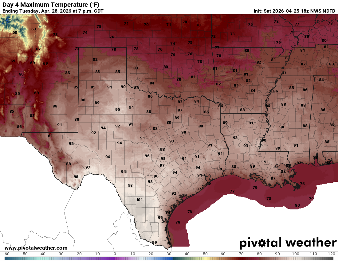 Hot and humid through Wednesday of next week.