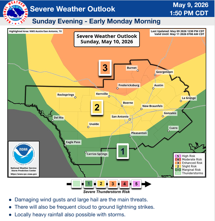 Chance for severe storms Sunday evening.