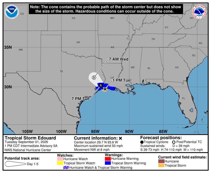 Tropical storm Edouard is moving inland.
