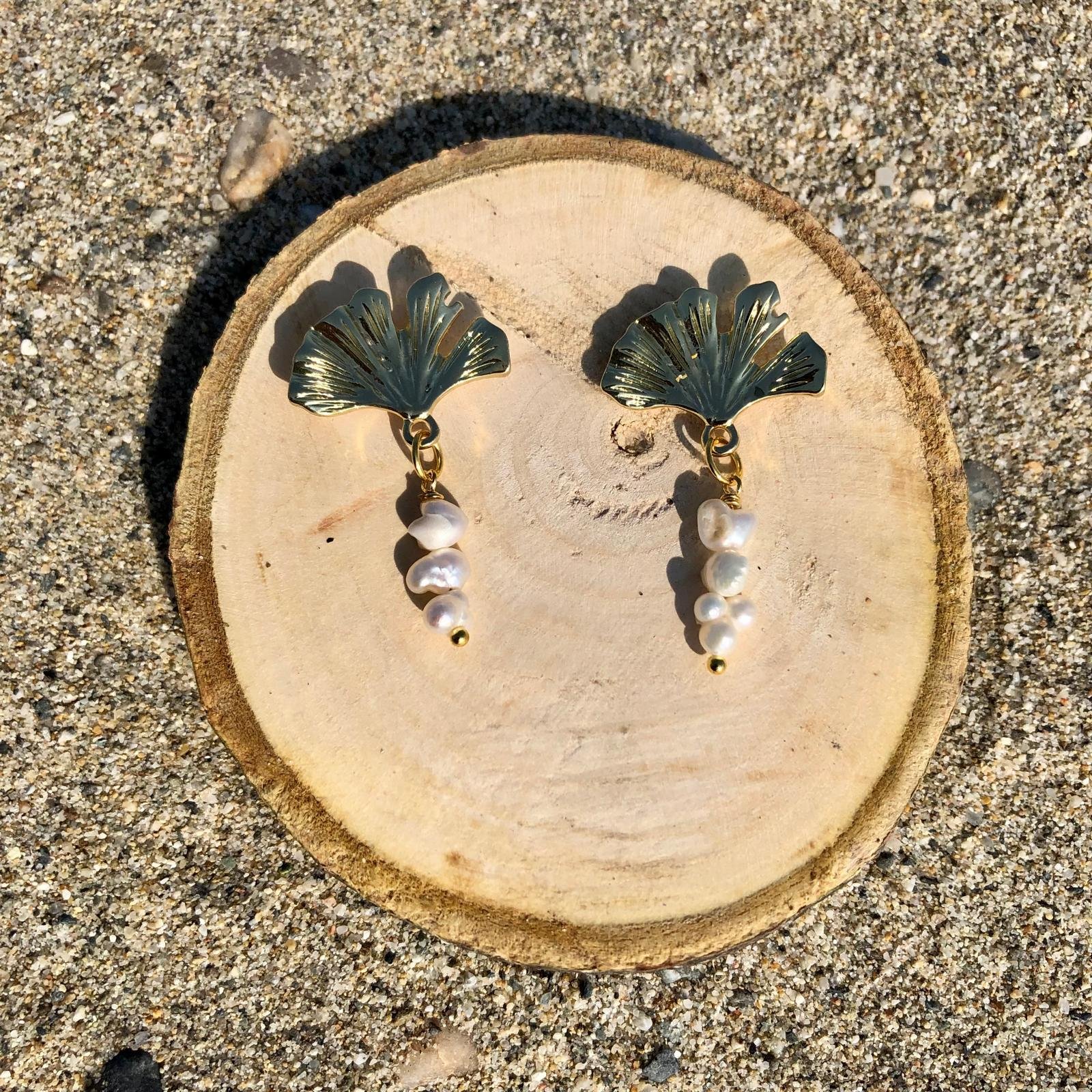 Ginkgo Leaf with Freshwater Pearl Earrings | Handmade by The Lilac Coral