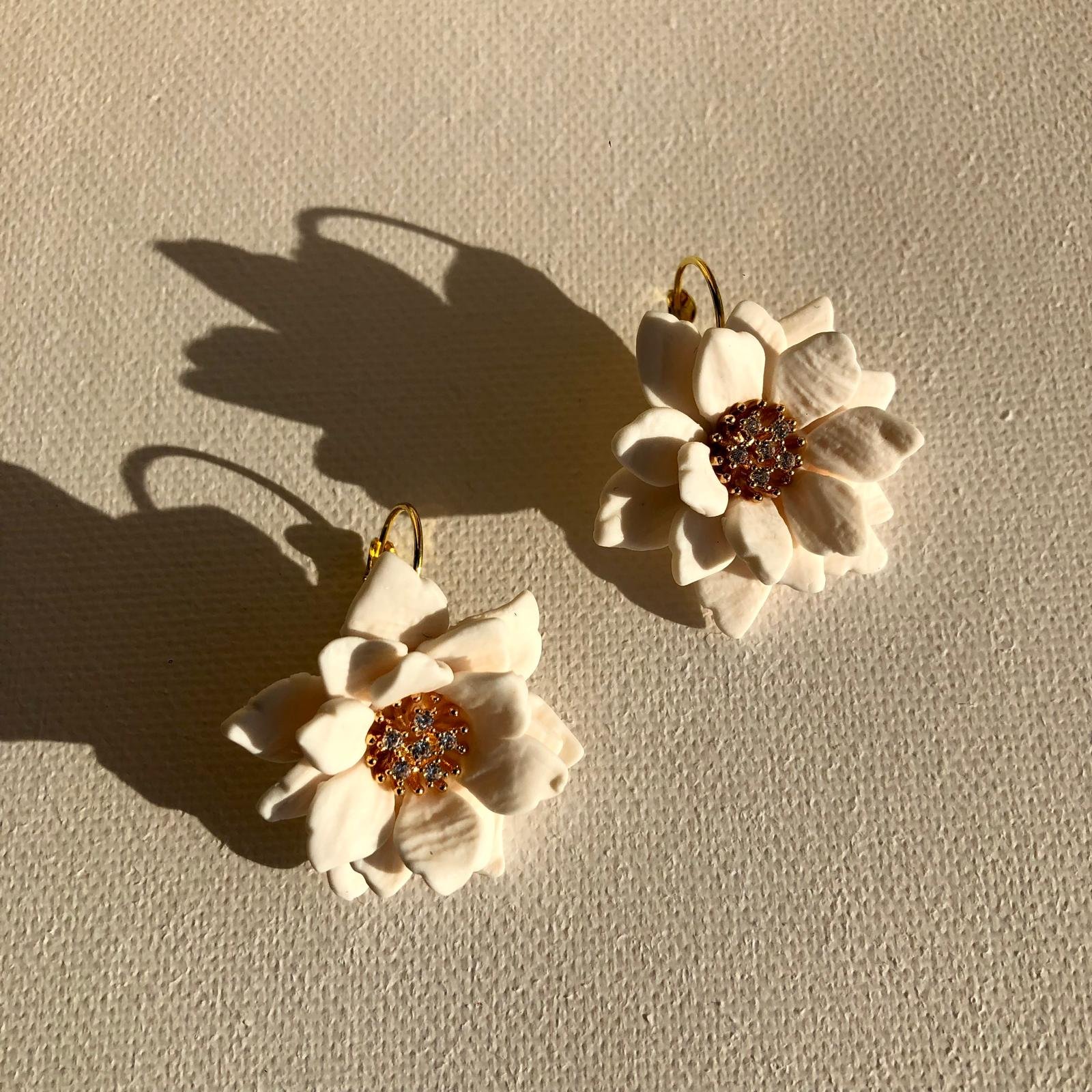 White Shrub Rose Flower Dangle Earrings | Handmade by The Lilac Coral