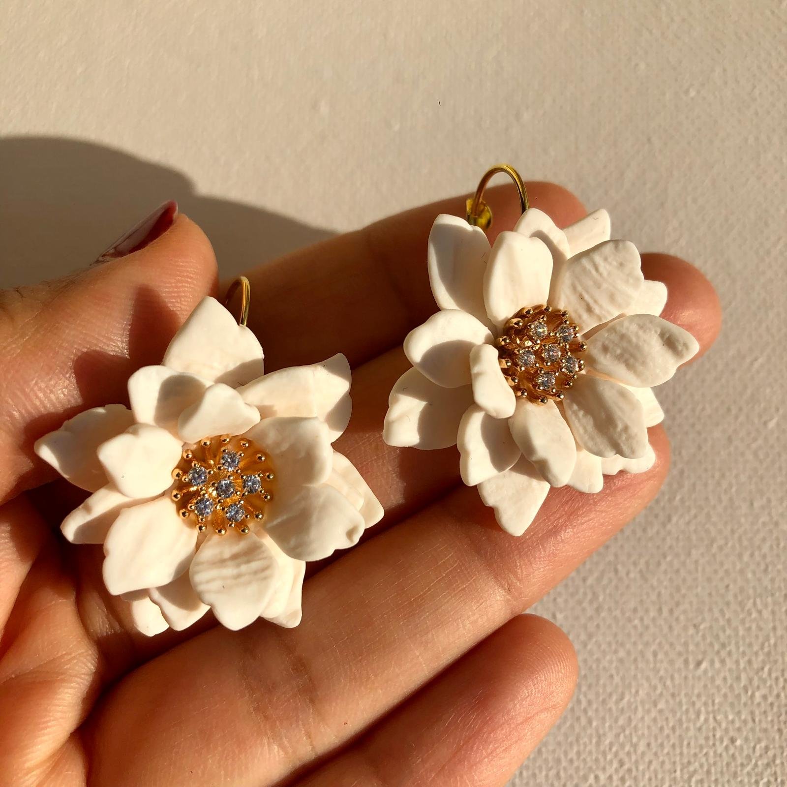 White Shrub Rose Flower Dangle Earrings | Handmade by The Lilac Coral