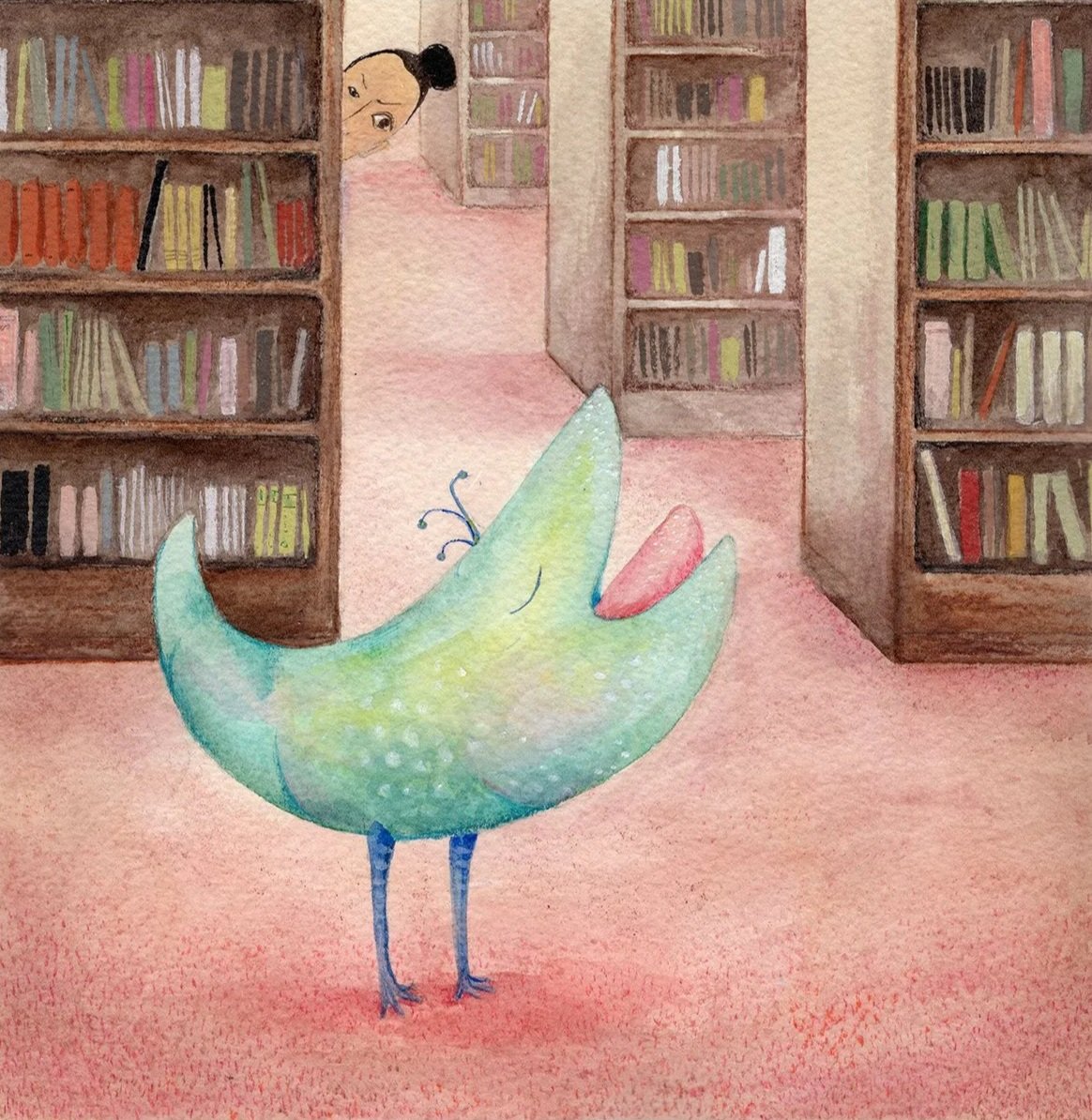 A funny monster sing loudly in the library near a disaproving librarian