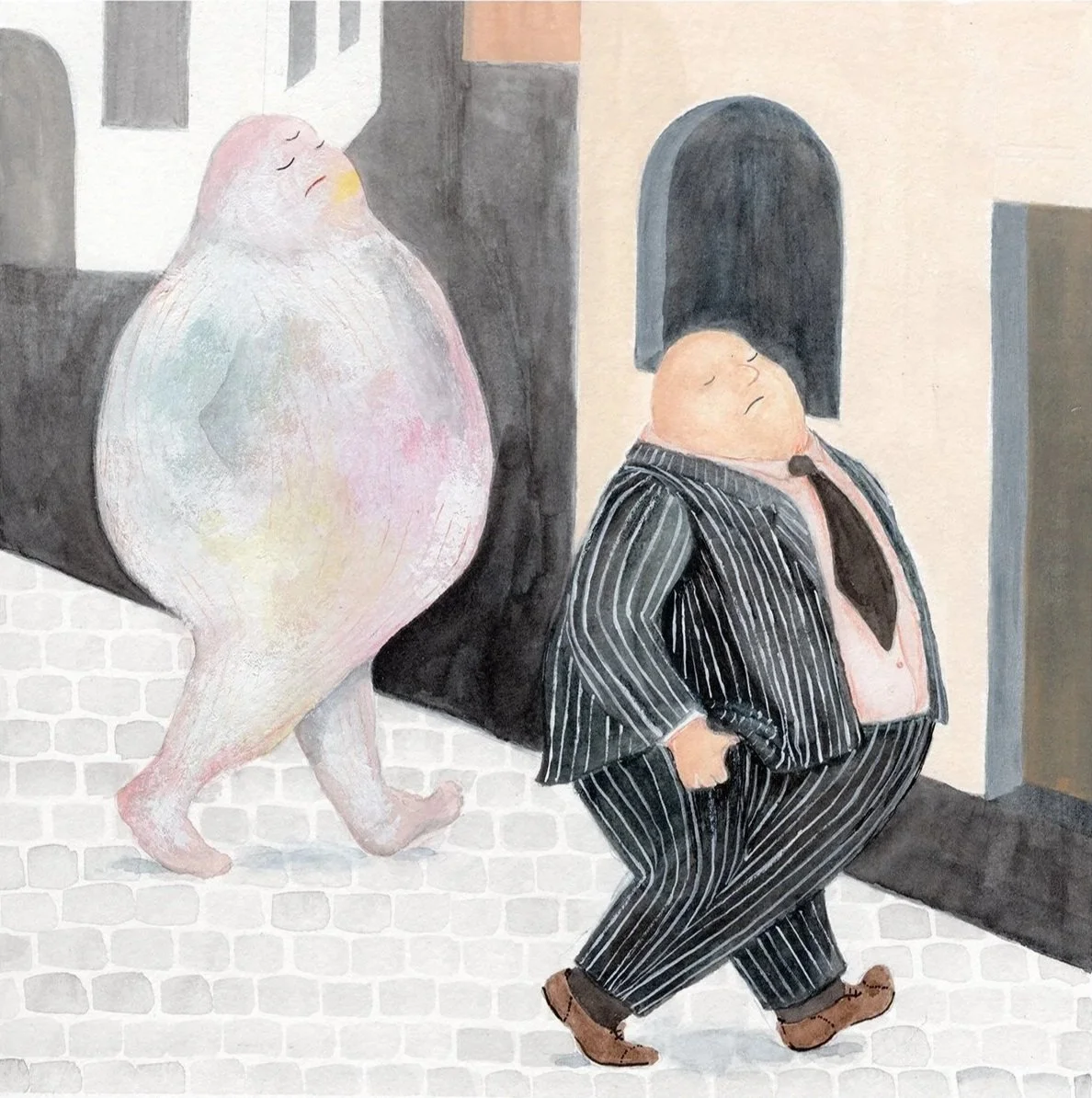 A fat man strolls down the street of a whimsical modernist town, followed by a funny creature who is mimicking him