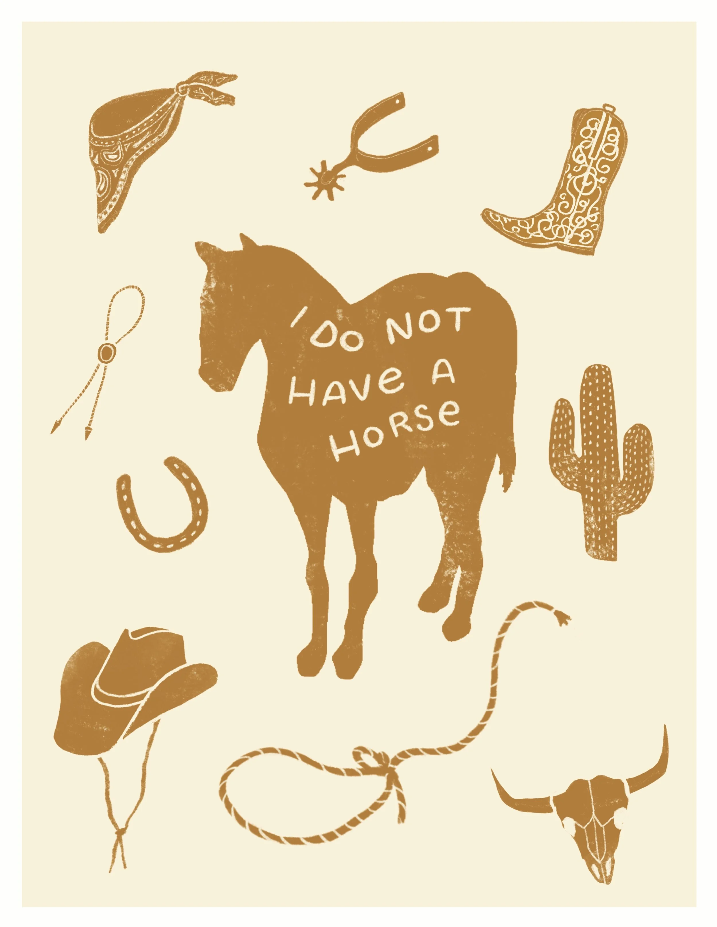 cowboy icons of a horse, bandana, cactus, hat, steer skull, boot, spur, lasso, horseshoe, bolo tie