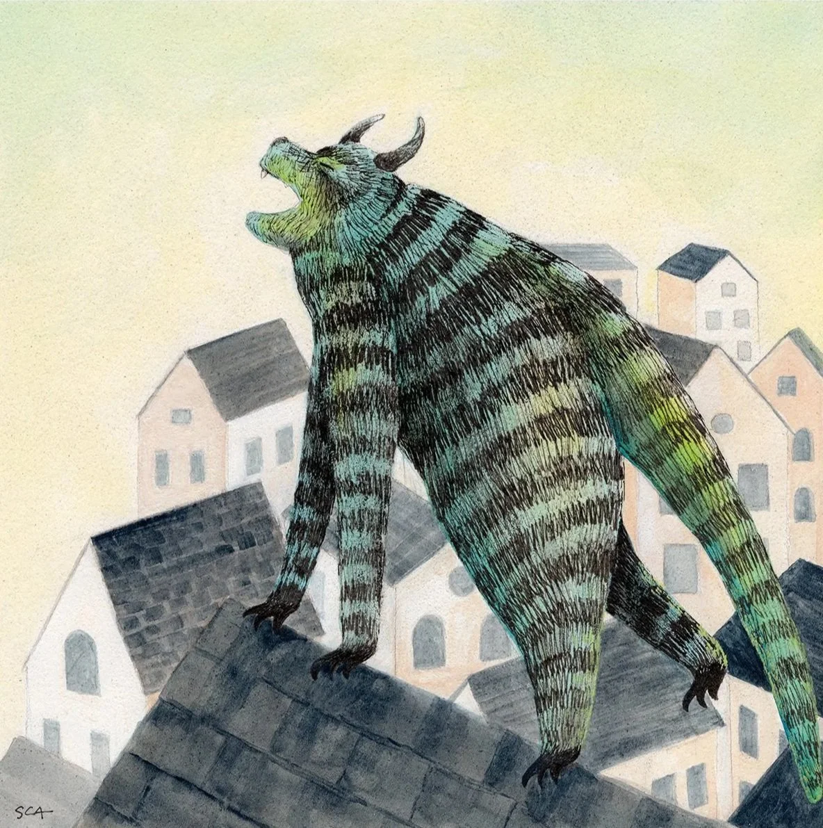 striped monster howls form the rooftops of a whimsical town