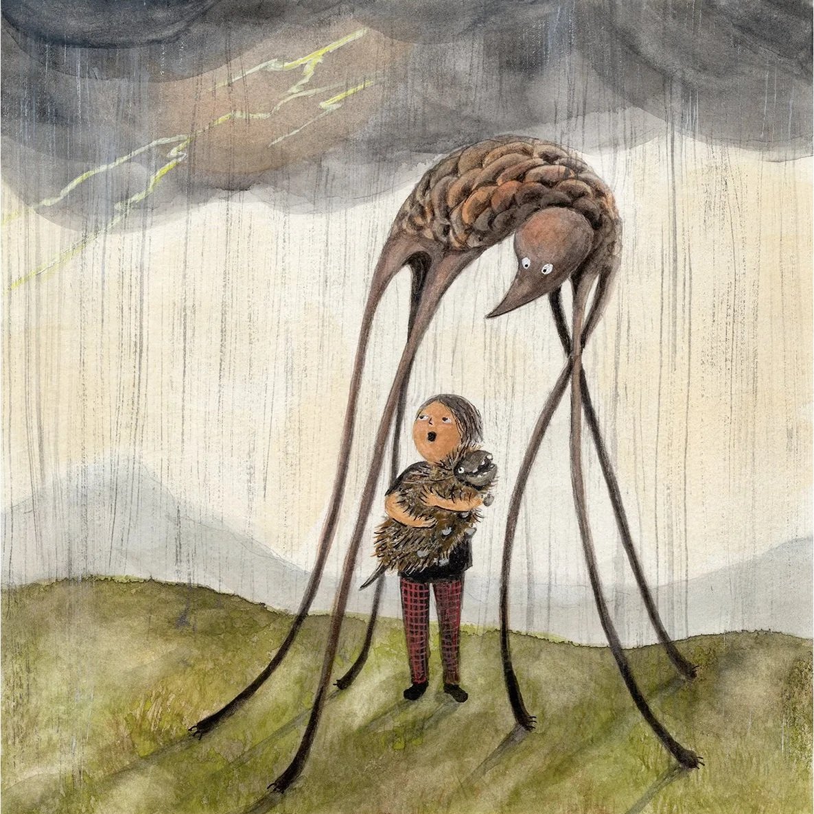 a child snuggles a furry friend while sheltering under a friendly creature in the rain