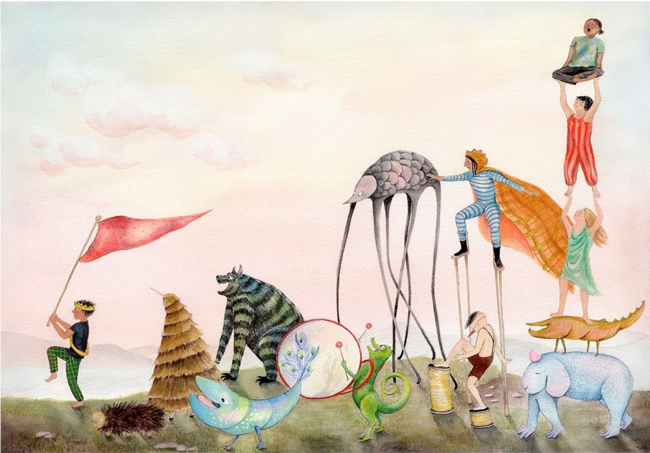 A whimsical parade of monsters and children in a dreamy landscape, from Beastly Behaviors.