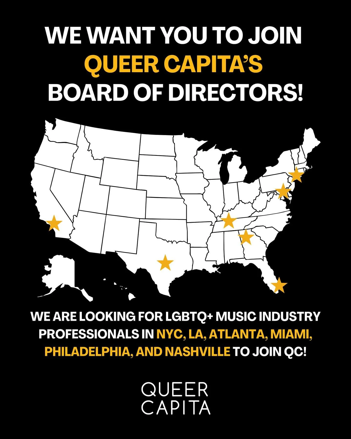 We&rsquo;re getting ready to kick off a new season of Queer Capita and are looking for LGBTQ+ music industry professionals to join our Board of Directors. If you live in NYC, LA, Nashville, Miami, Philadelphia, Nashville, or Atlanta and are intereste