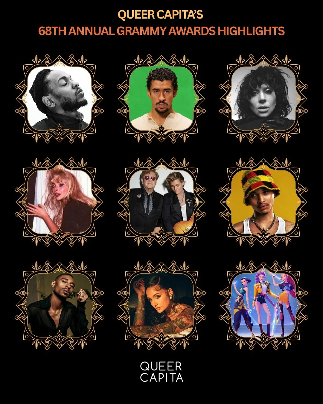 Queer Capita is proud of this year&rsquo;s nominees and all our colleagues and friends involved in this incredible list of artists. From queer trailblazers to powerful allies, congrats to all the 68th Grammy nominees and their teams. 🌈🏆