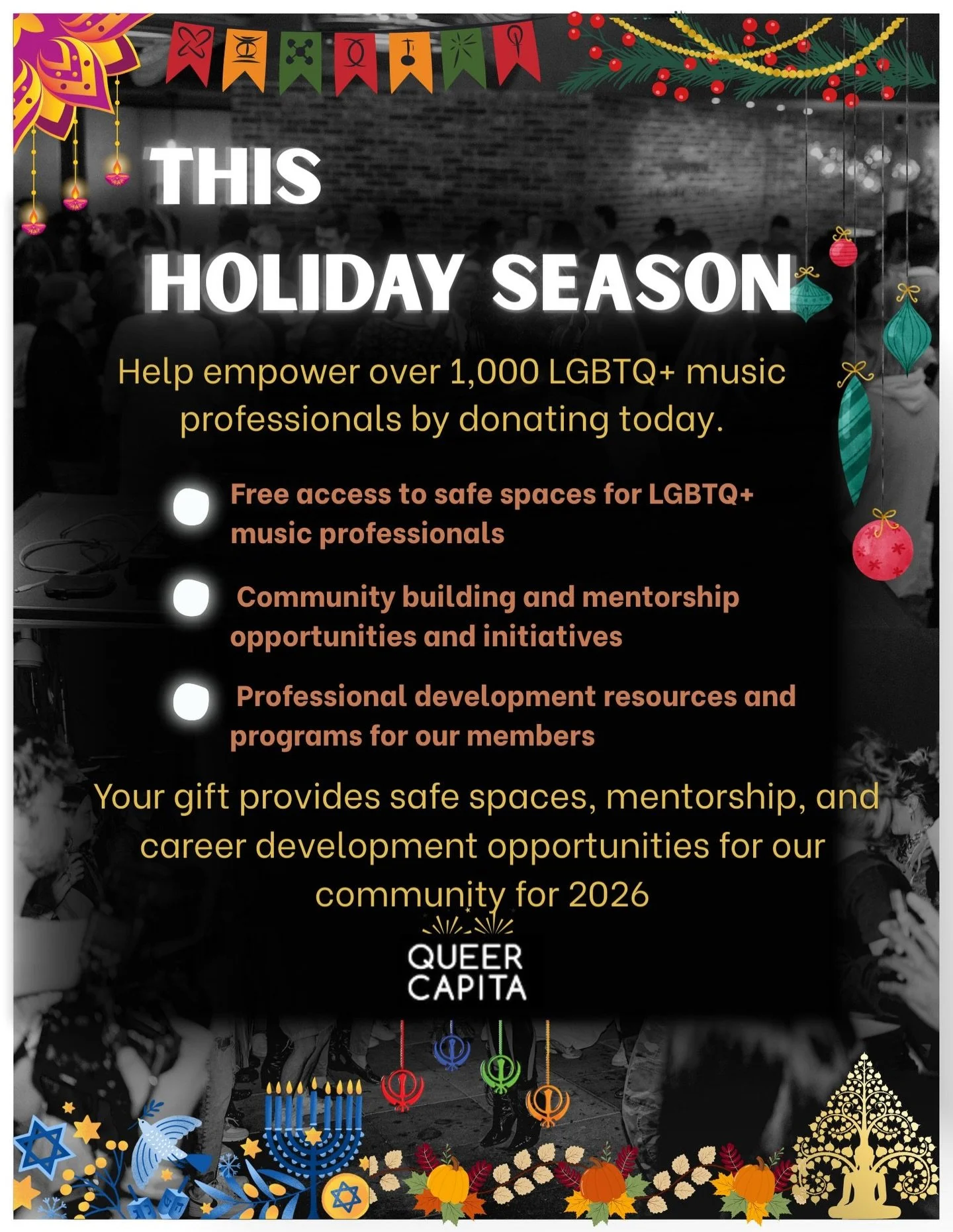 The music industry is better when we all have access.
This holiday season, support safe spaces, mentorship, and professional growth for 1,000+ LGBTQ+ music professionals.
Your gift fuels inclusion, creativity, and community for 2026.
🌈 Donate at Que