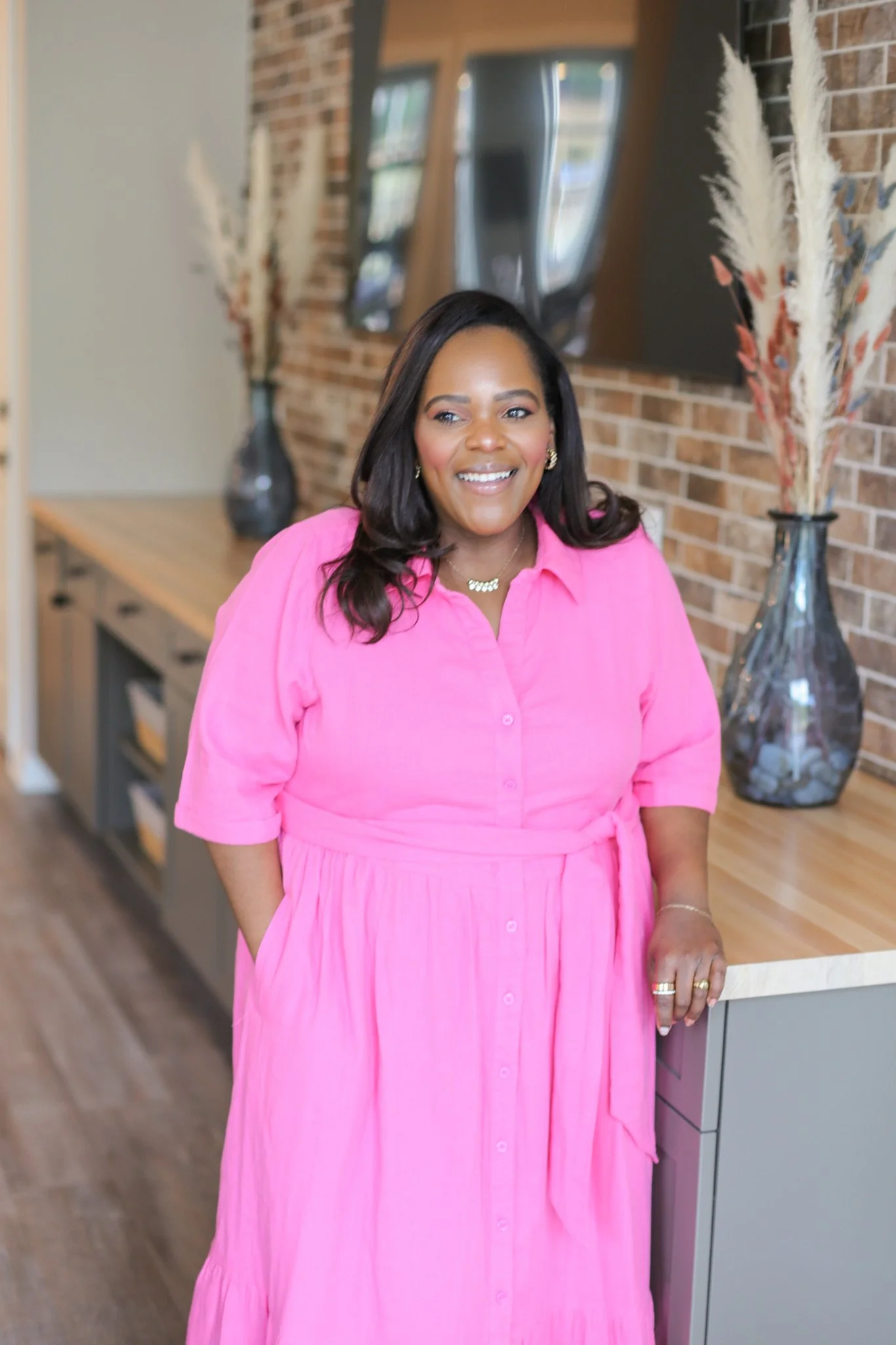 Bubblegum Pink Split Neck Button Front Maxi Dress Lane Bryant