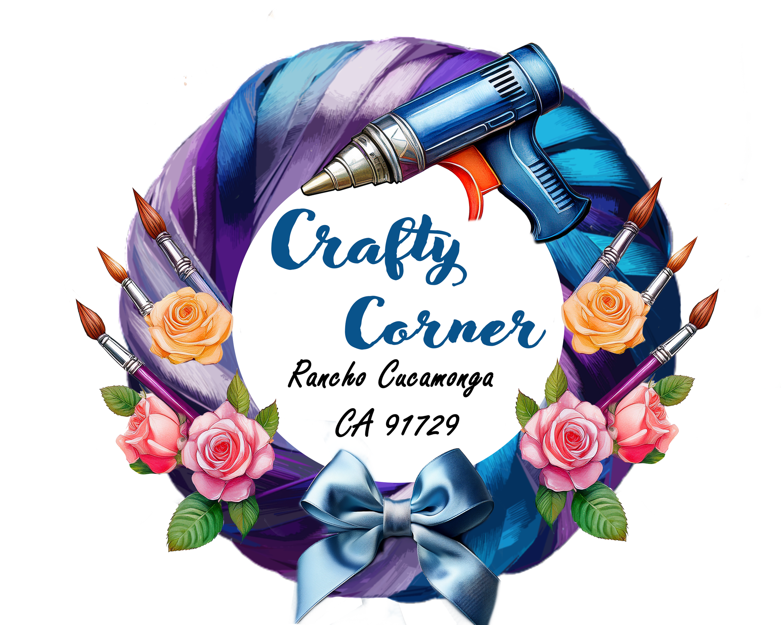 The Crafty Corner Rancho Cucamonga, CA logo with a colorful decorative floral arrangement surrounded by roses, leaves, and ribbons, and a glue gun.
