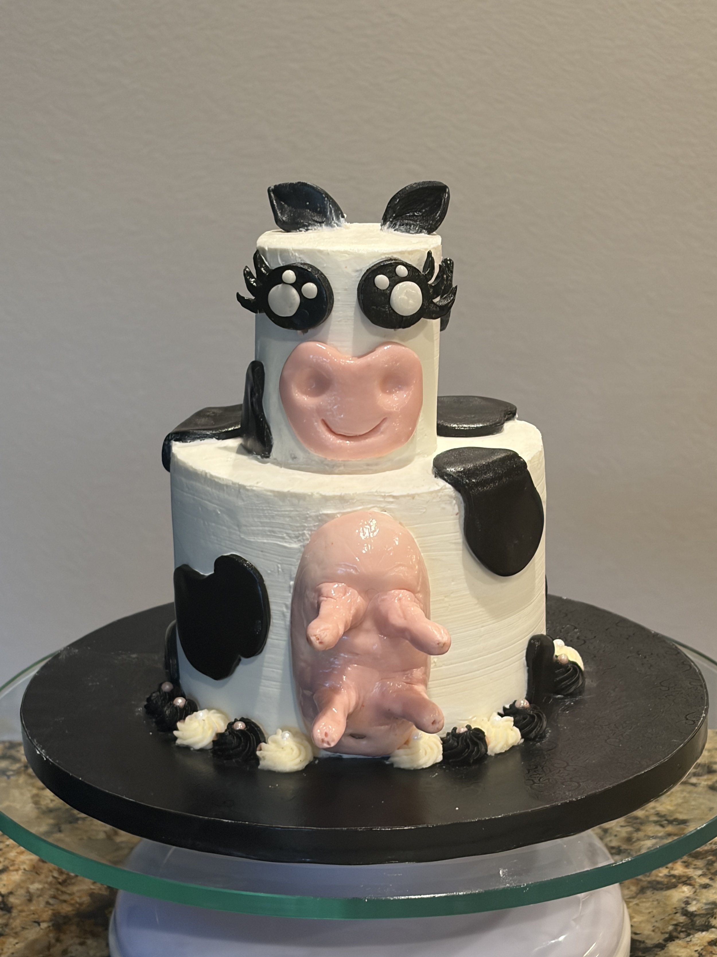 Cake decorated to resemble a cow, with cow face features made of black and white fondant, pink fondant nose, and a pink fondant udder, placed on a black cake board with additional black and white fondant accents.