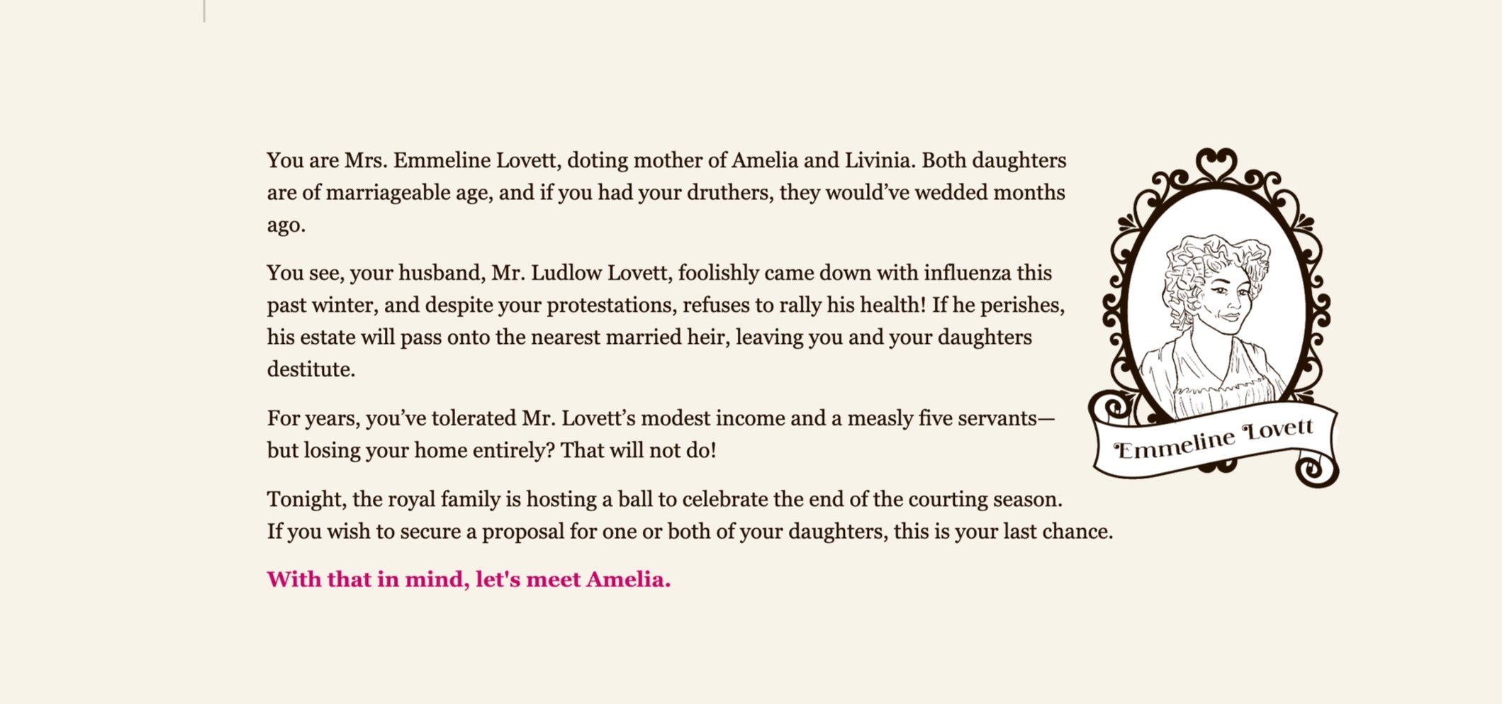 Screenshot from Matchmaking in the Royal Court, a text-based game