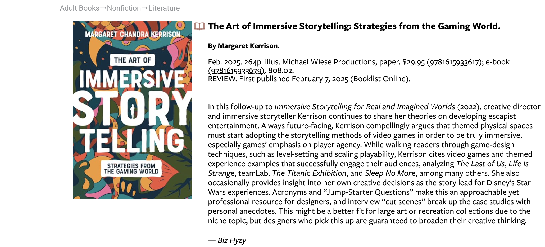 Booklist review of Margaret Kerrison's The Art of Immersive Storytelling