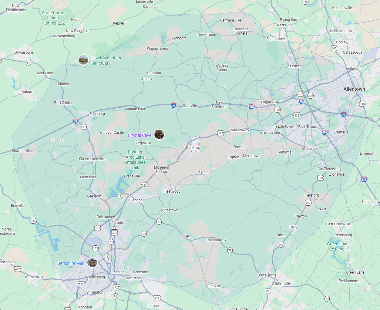Map showing locations in Pennsylvania, including Berkshire Mall, Crystal Cave, Hawk Mountain Sanctuary, and Parking Area Lake Ontelaunee Trails.