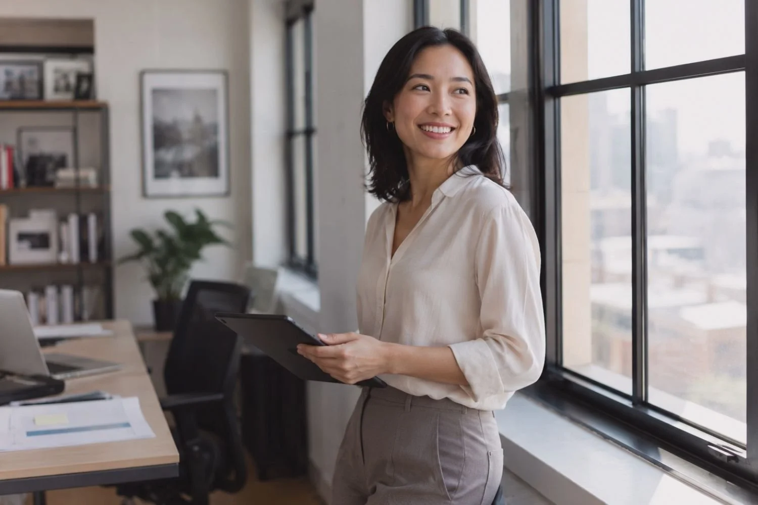 A professional woman in a modern office, representing career growth and employer equity compensation planning.