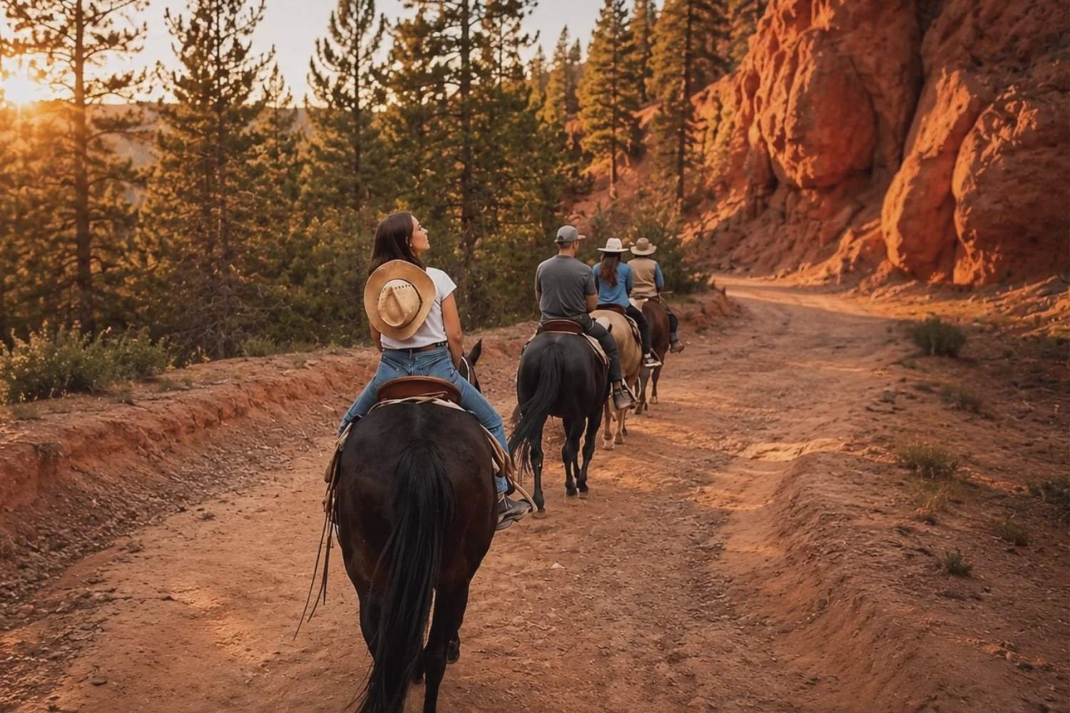 Active retirement lifestyle: A group riding horses on a trail, symbolizing financial independence and the shift toward work-optional living.