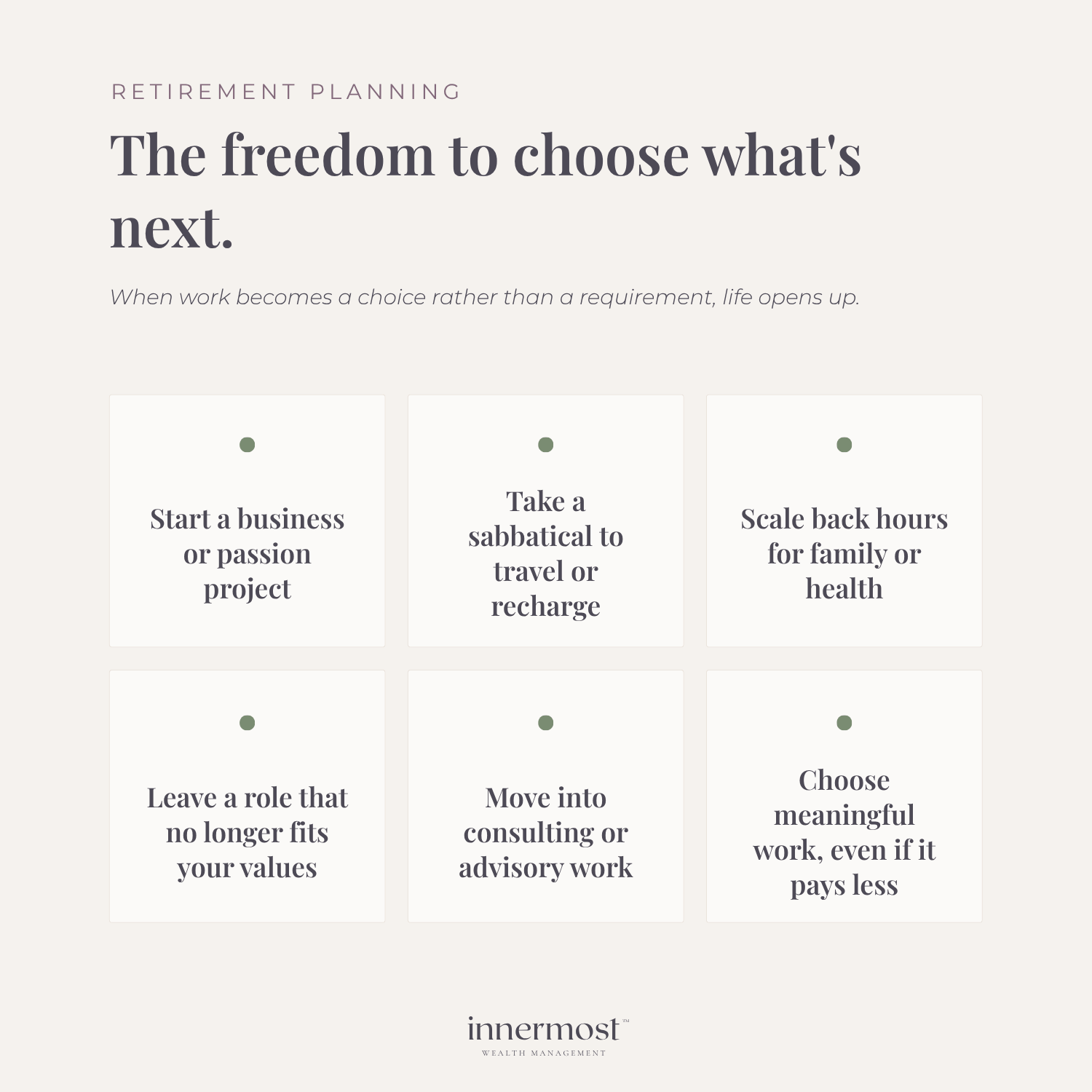 Graphic with text 'Retirement Planning: The freedom to choose what's next' outlining a modern approach to financial independence.