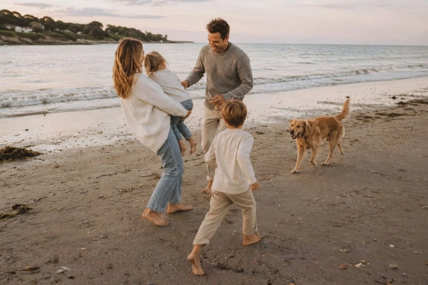 A happy family with two young children and a golden retriever playing together on a beach, representing the peace of mind and protection that comes with life insurance planning.