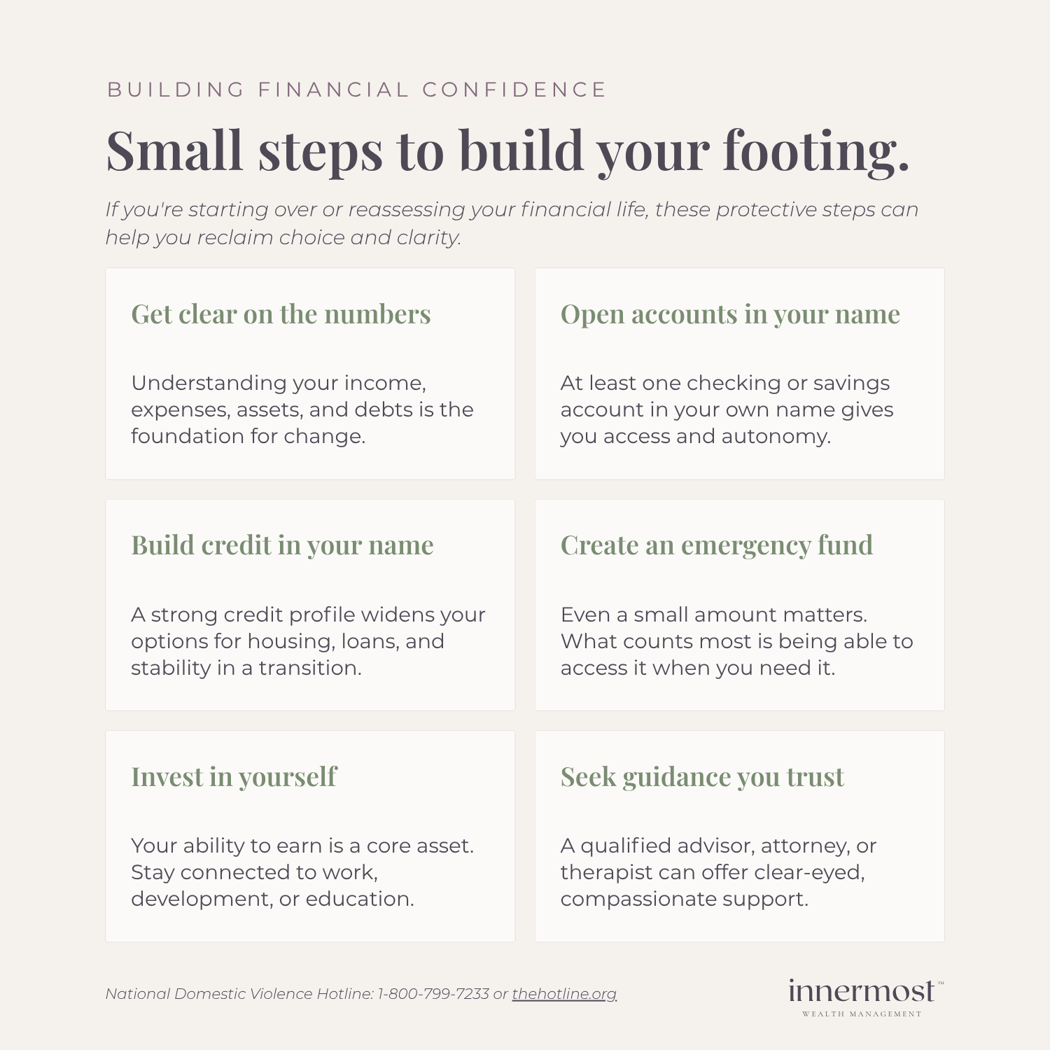 Infographic listing six steps to rebuild financial independence after abuse, including getting clear on the numbers, opening individual accounts, and building credit in your own name.