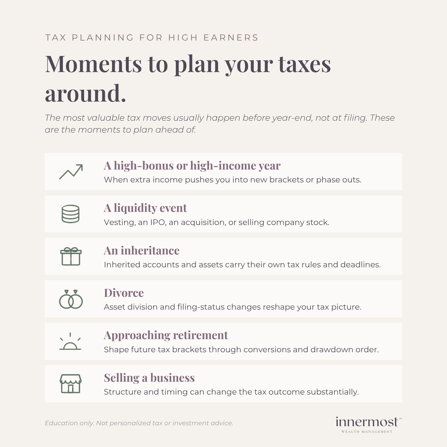 Infographic charting major life and financial milestones that require proactive tax planning for high earners.