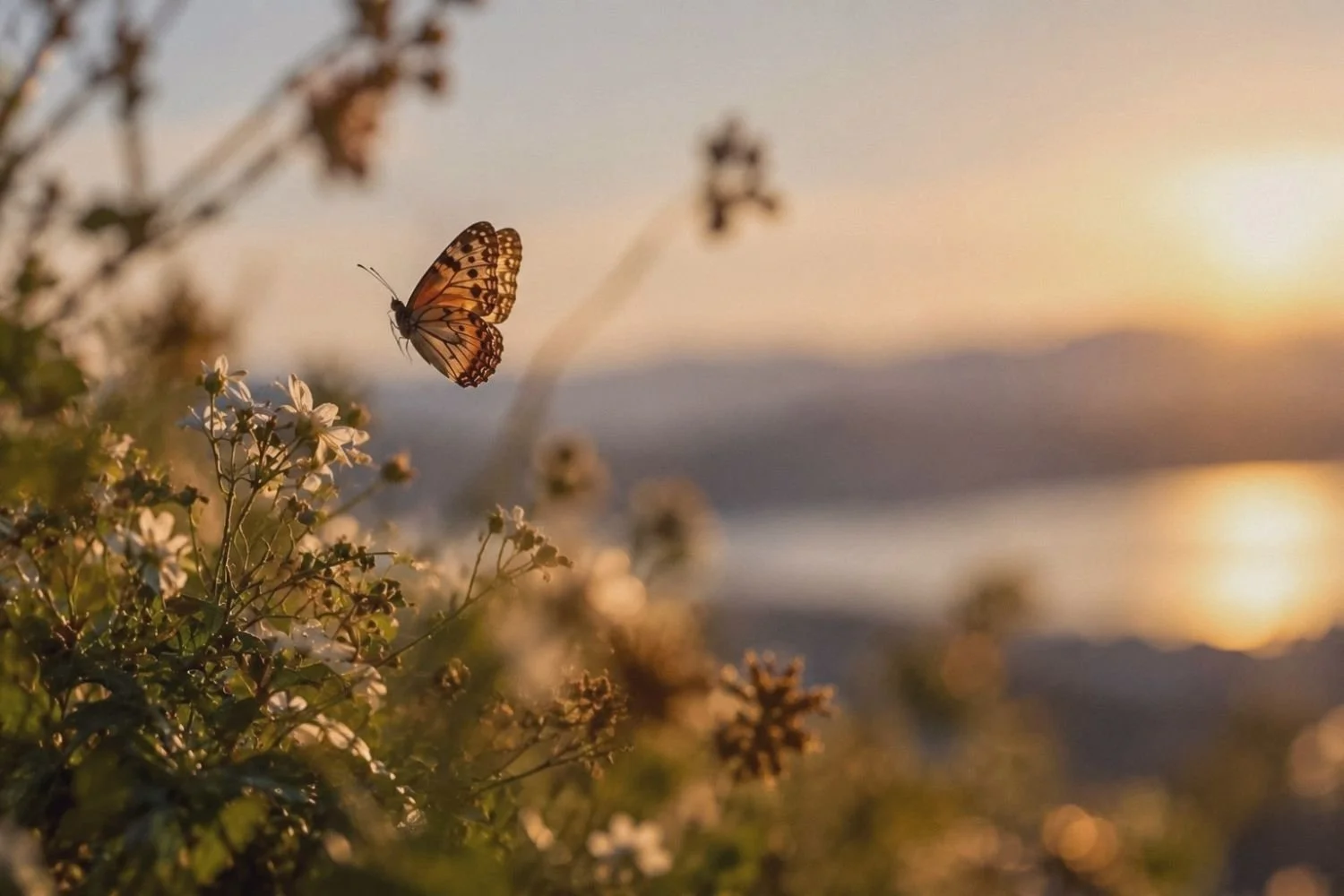 An orange butterfly resting on delicate wildflowers in a sunlit field, symbolizing freedom, choices, and financial control.