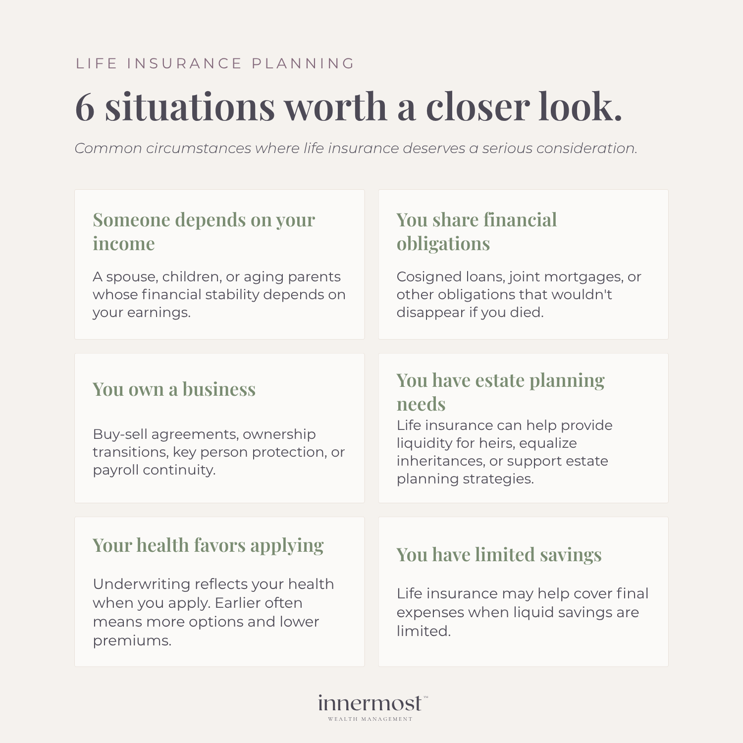 Infographic checklist listing 6 situations to consider life insurance, including income dependence, shared debts, business ownership, and estate planning, by Innermost Wealth Management.
