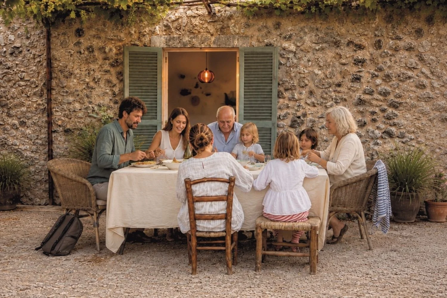 Intergenerational family sharing a meal outdoors, the kind of moment when families talk about money and helping adult children financially.