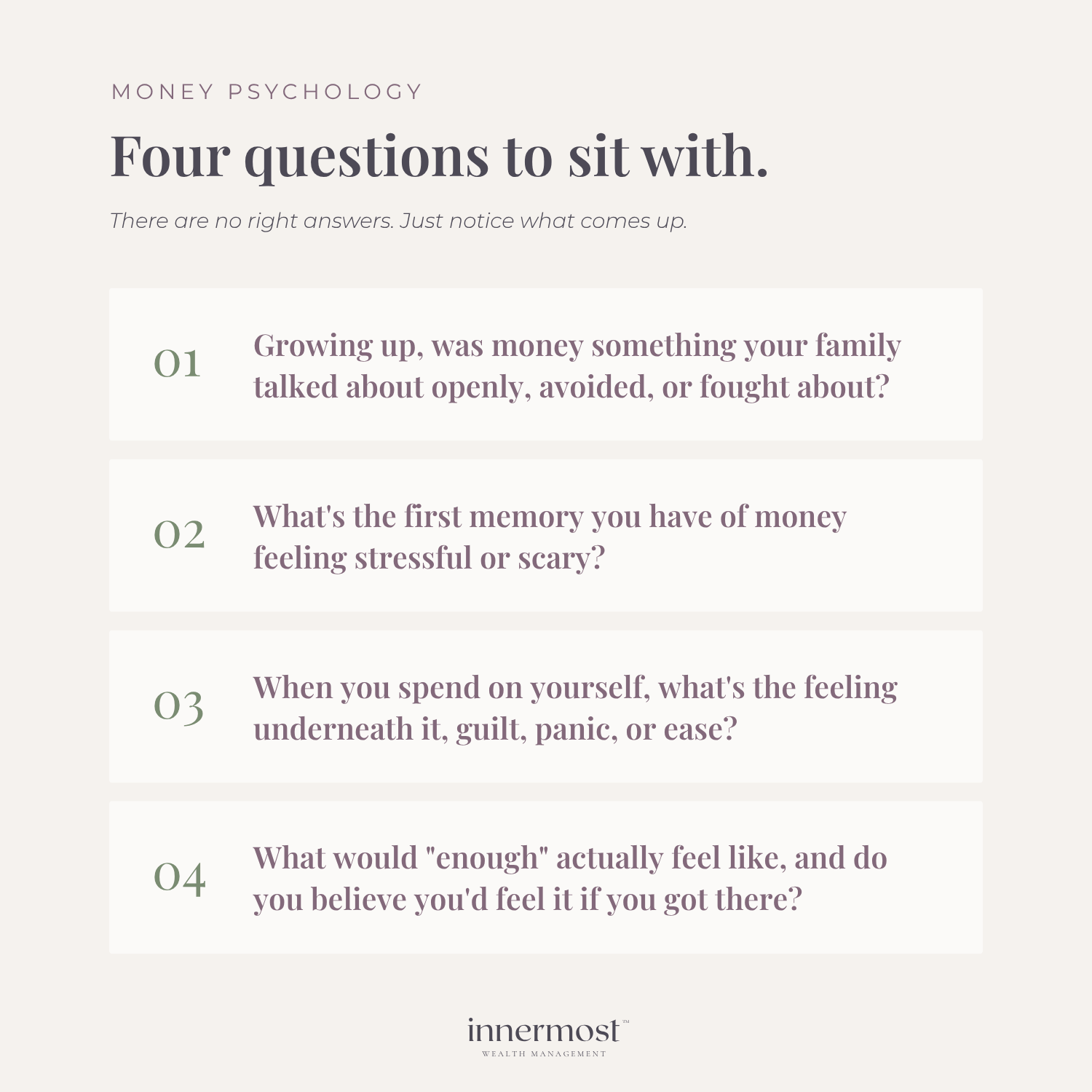 Infographic titled 'Four questions to sit with' listing money psychology reflection questions about childhood financial memories, spending habits, and scarcity mindsets.
