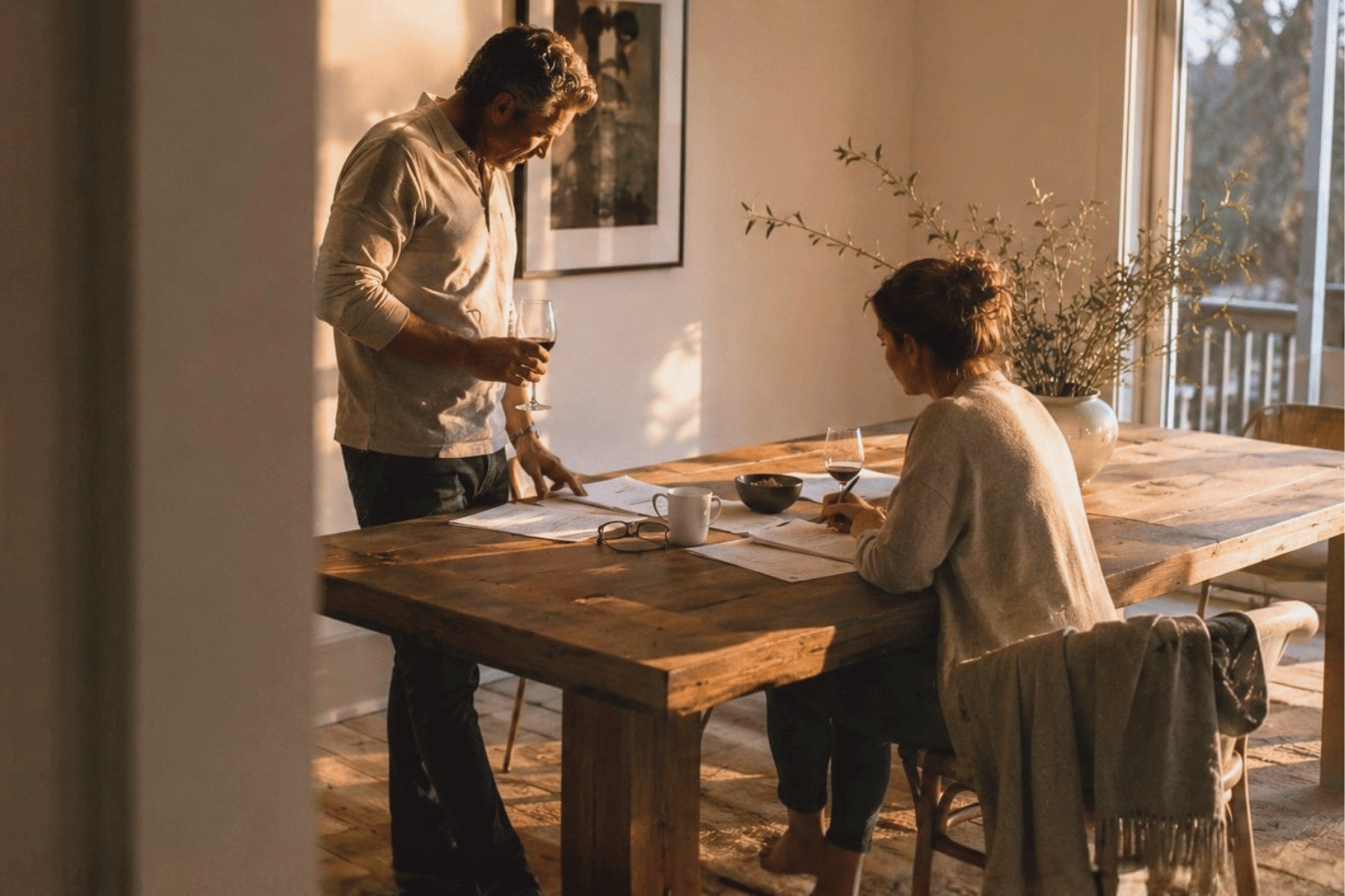 A couple collaboratively reviewing financial planning and tax documents at a wooden table.