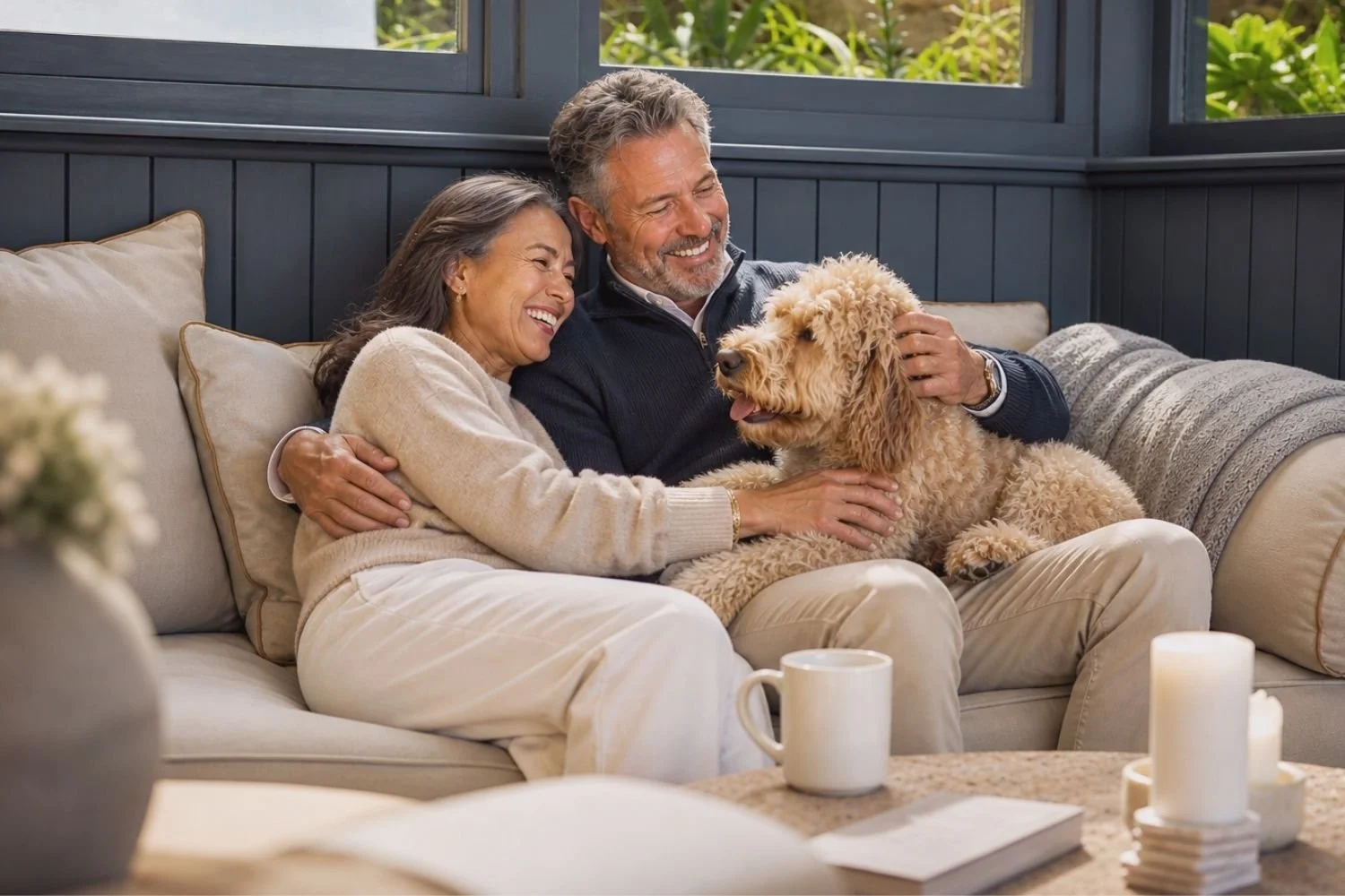High-earning couple with dog happy after reviewing tax planning strategies with their financial planner