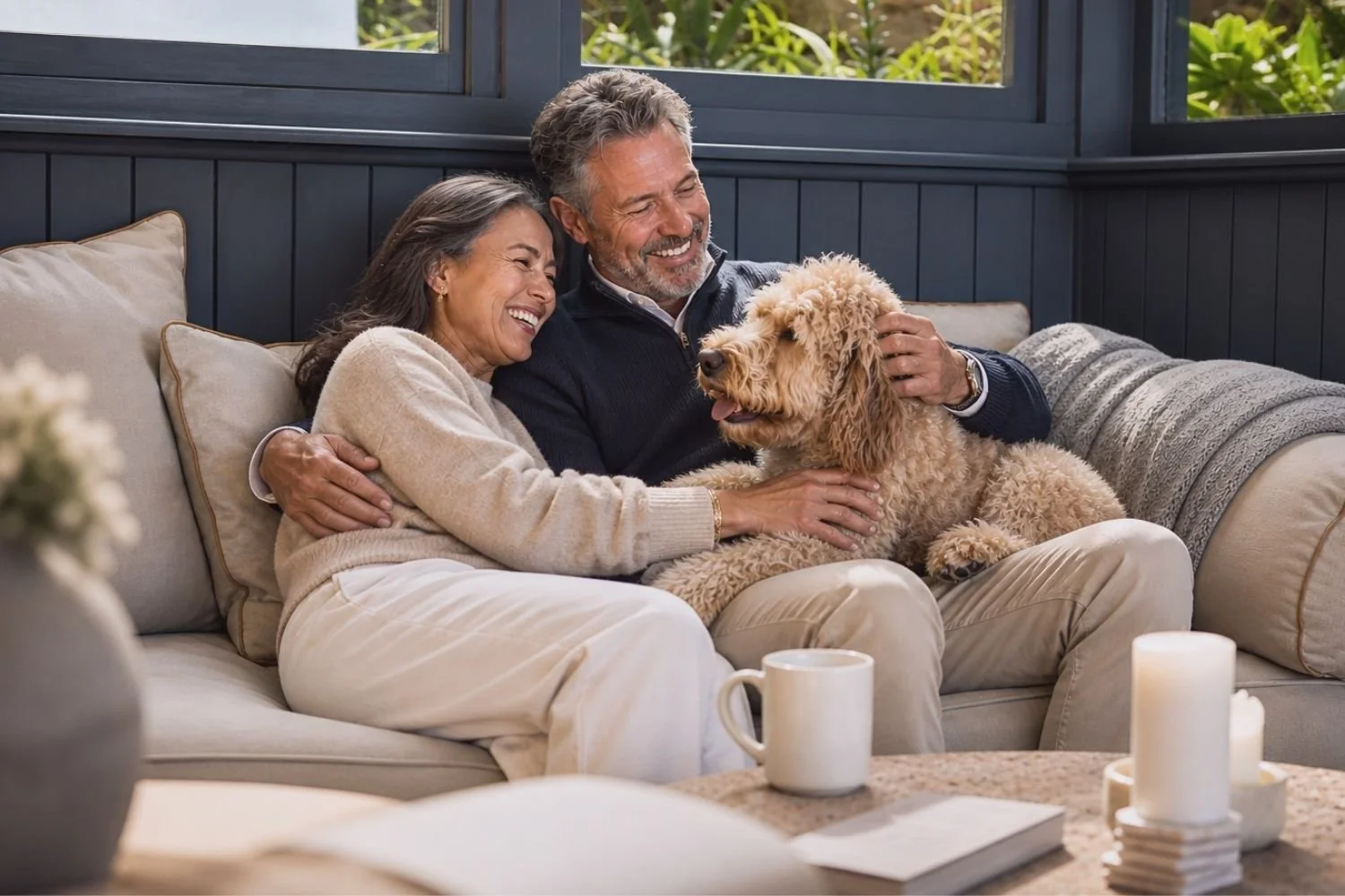 High-earning couple with dog happy after reviewing tax planning strategies with their financial planner