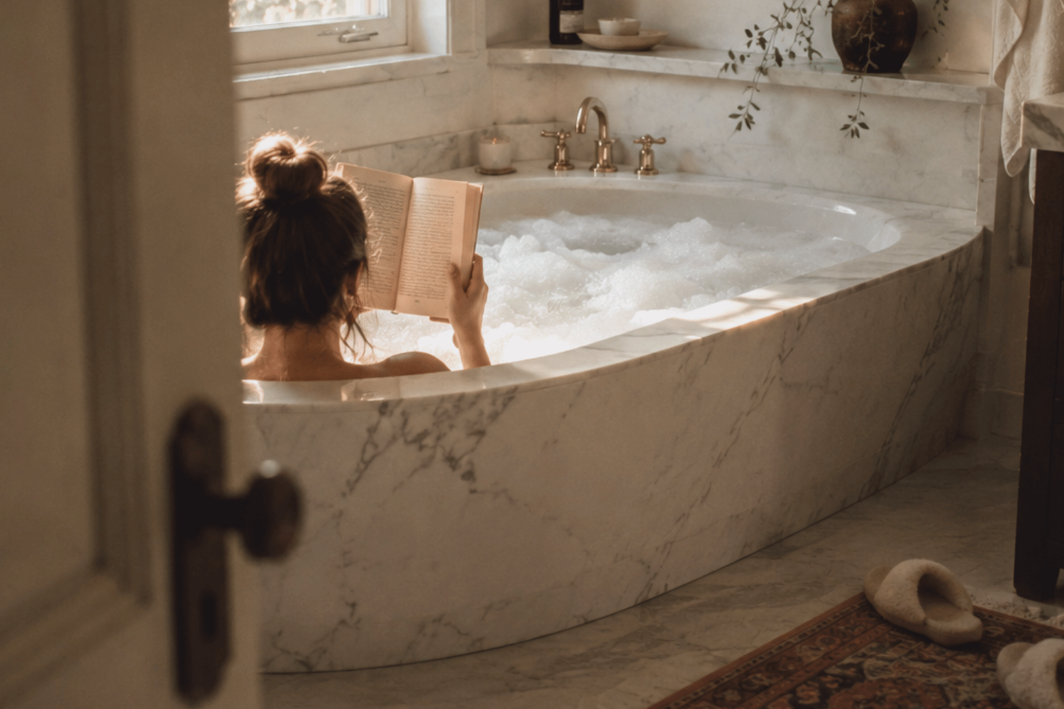 A woman relaxing in a bathtub reading a book, representing a stress-free approach to financial grounding.