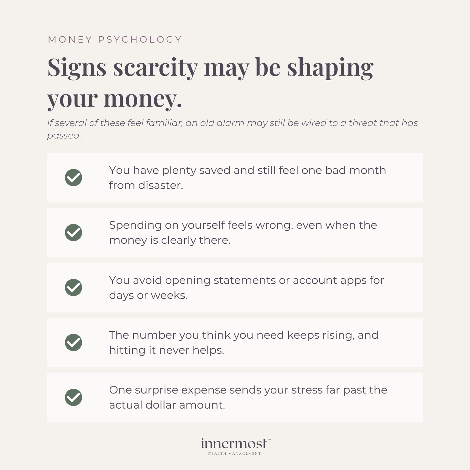Graphic checklist highlighting the signs of financial trauma and a childhood scarcity mindset on money habits.