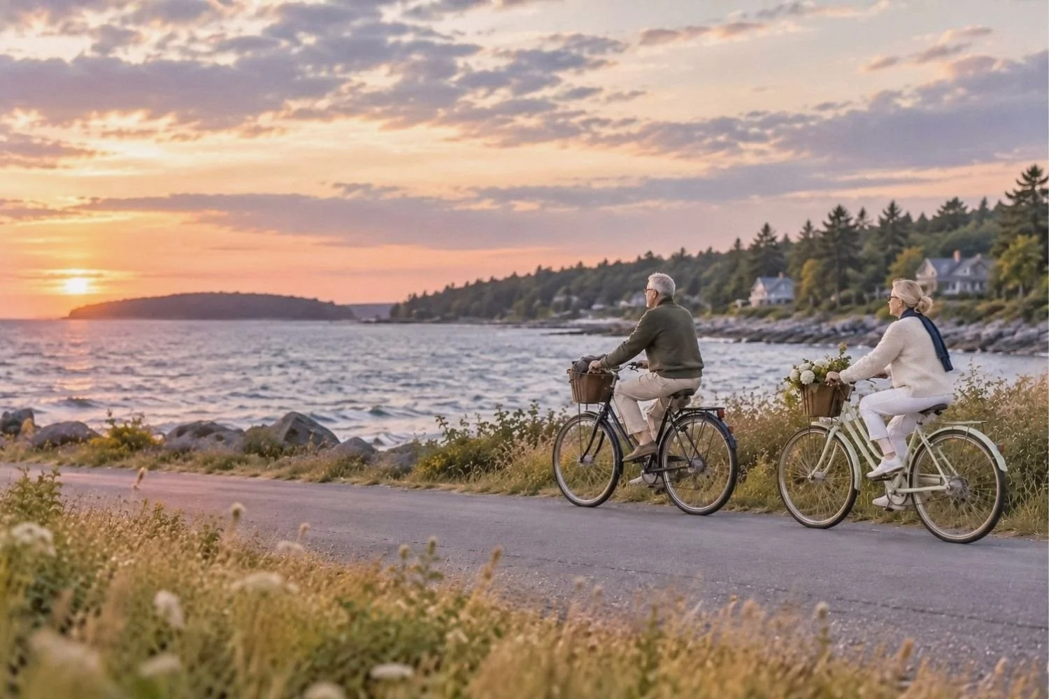 An active retired couple riding a tandem bicycle along a scenic Michigan lakefront.