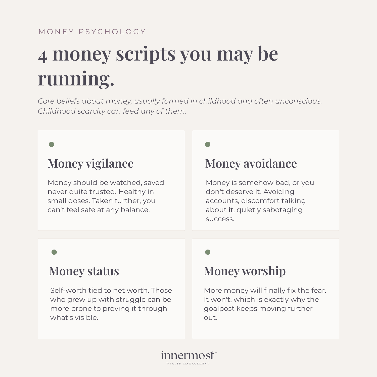 Money psychology graphic illustrating how childhood scarcity feeds unconscious money scripts like money vigilance.