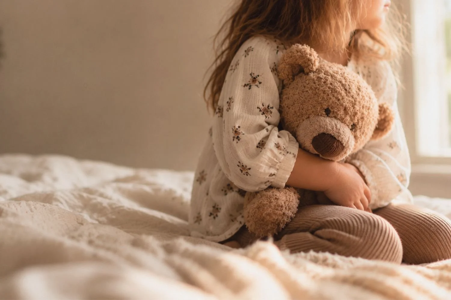 A young girl in a floral top sitting on a bed and holding a teddy bear, representing childhood scarcity and financial trauma.