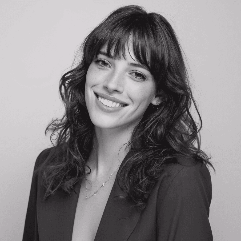 Black and white portrait of a smiling woman with wavy hair and bangs, wearing a blazer and a necklace.